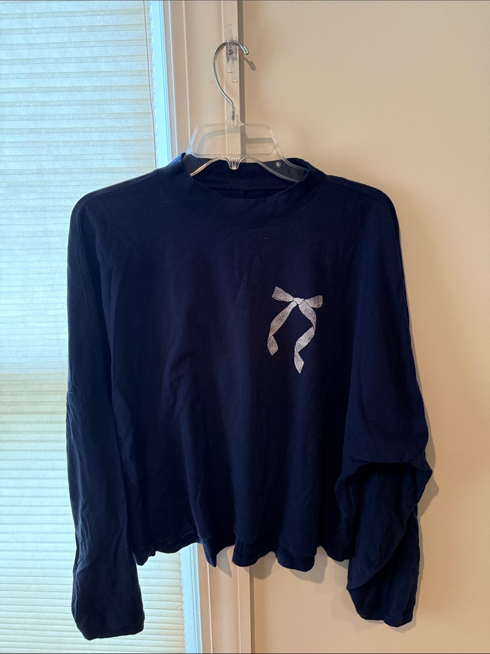 aerie Navy Long Sleeve Tee with Silver Bow Graphic
